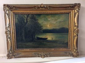 Antique Oil Painting Featuring Moonlight on the River Bank
