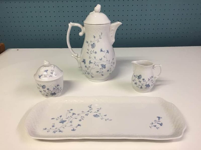 Blue and White Tea Pot, Creamer, Sugar Bowl and Tray