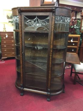 Antique Leaded Glass Oak Bowfront China Cabinet