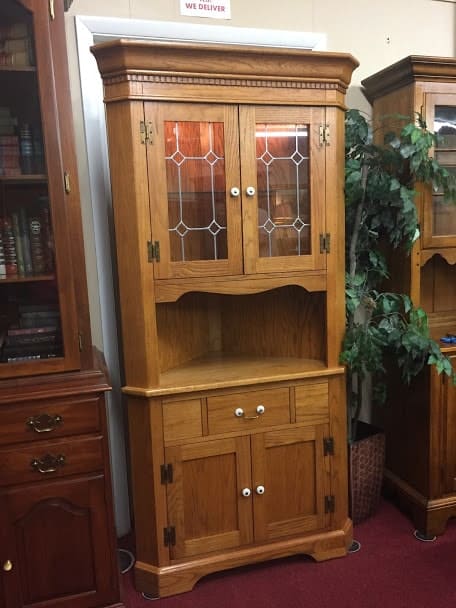 Oak Lighted Corner Cabinet