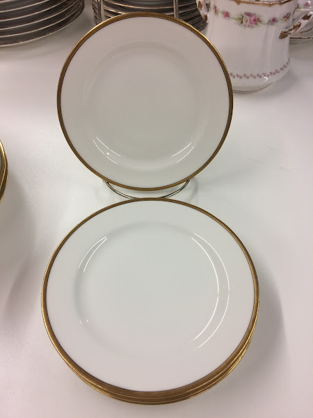 Vintage Haviland Limoges Cake Plates with white base and elegant gold trim. These classic dinner plates are incredibly beautiful and versatile.