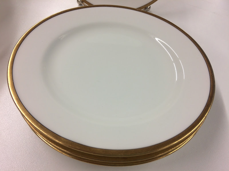 Vintage Haviland Limoges Cake Plates with white base and elegant gold trim. These classic dinner plates are incredibly beautiful and versatile.
