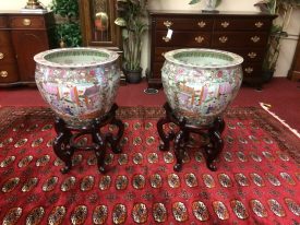 Vintage Rose Famille Urns on Bases, a Pair