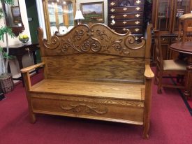 Antique Oak Bench, Carved Hall Bench