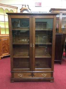 Antique Bookcase, Oak Bookcase with Glass Doors