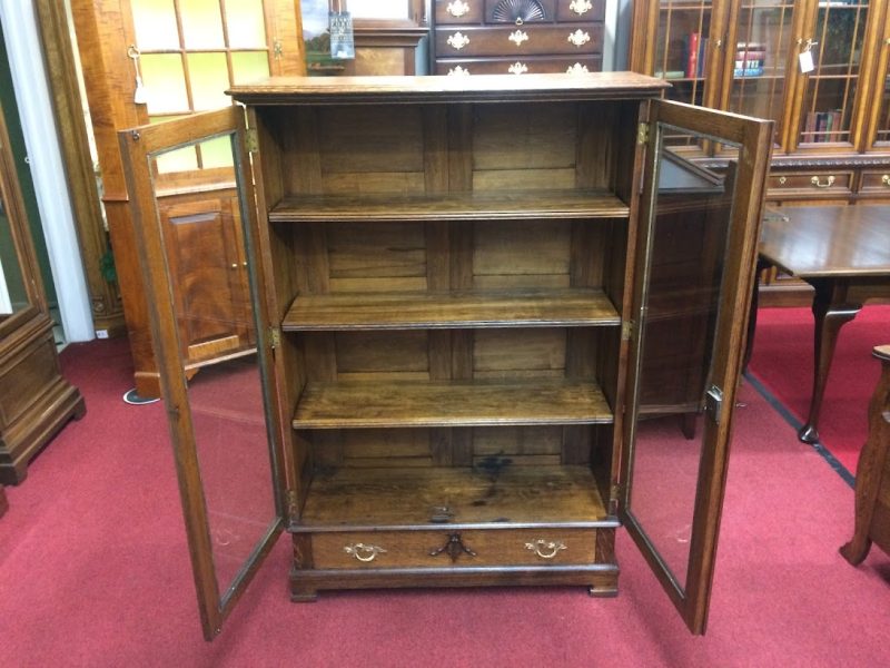 Antique Bookcase, Oak Bookcase with Glass Doors