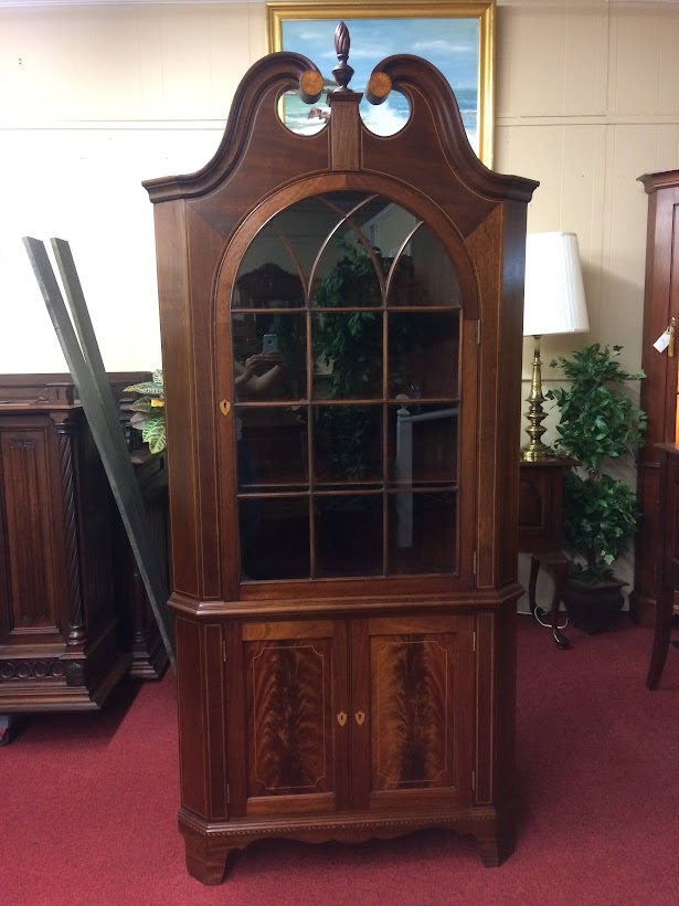 Antique Corner Cabinet, Inlaid Mahogany, Potthast Brothers Furniture