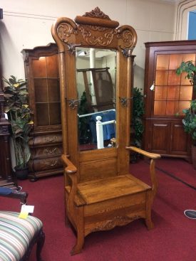 Antique Hall Tree, Oak Hall Rack with Mirror