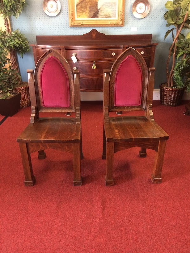 Antique Gothic Chairs, Quartersawn Oak, The Pair
