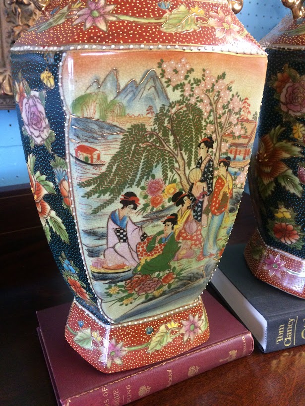 Vintage Ceramic Vases, Cloisonne Style, The Pair