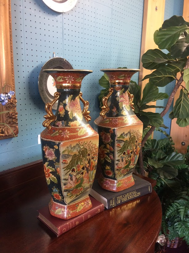 Vintage Ceramic Vases, Cloisonne Style, The Pair