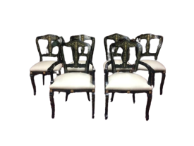 French Black Inlaid Set of 6 Dining Chairs