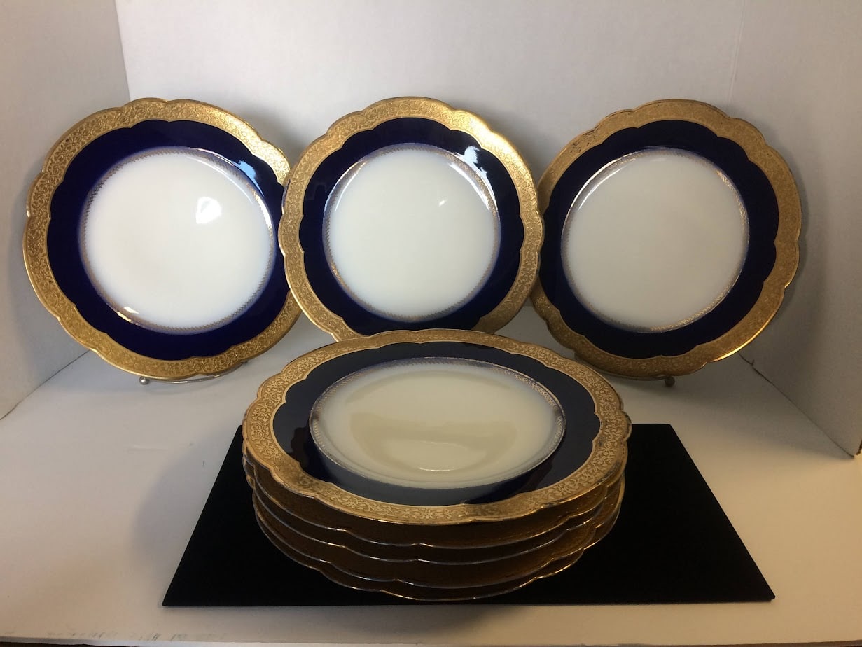 Antique Dinner Plates, Limoges Dinner Plates, Cobalt Blue and Gold, Set of Eight