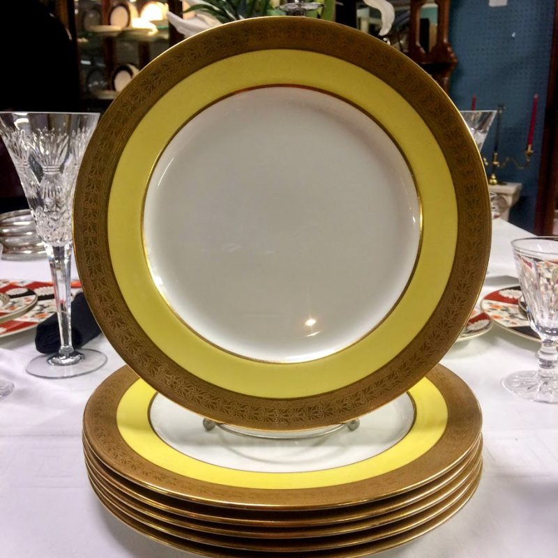 Aynsley Dinner Plates, Yellow and Gold Dinner Plates, Set of Six