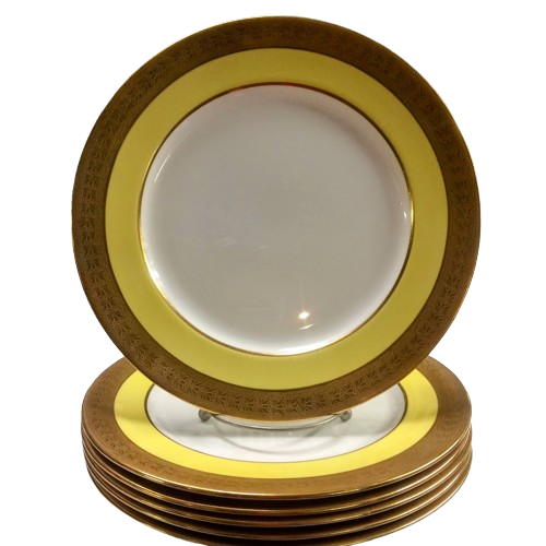 Aynsley Dinner Plates, Yellow and Gold Dinner Plates, Set of Six