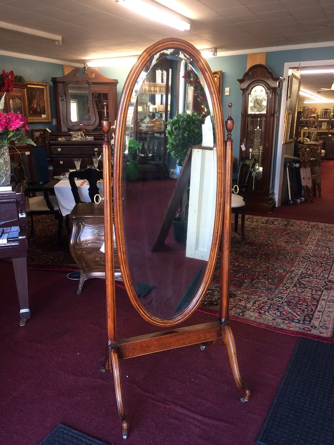 Vintage Cheval Mirror, Walnut or Cherry Wood Mirror, Oval Beveled Mirror on Stand