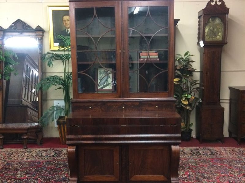 Beautiful, unusual and grand antique Empire desk in mahogany. This lovely three piece desk has so many unique qualities and features.
