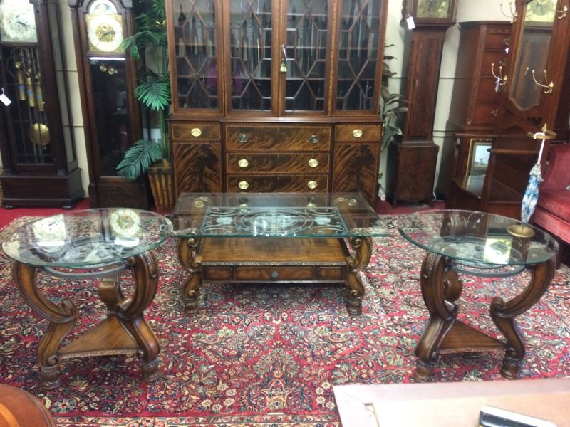 Vintage Coffee Table and End Table Set, Glass Top Table Set