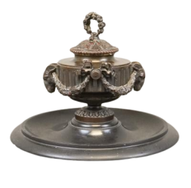 Grand-Tour Type Bronze Hinged Inkwell On Slate Base, Circa 1900, Height: 8 In