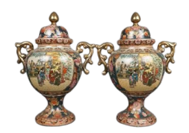 Pair Of Satsuma Type Two Handled Covered Urns, Height 16 Inches