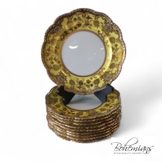 Antique English Cauldon Dinner Plates, Yellow and Gold Dinner Plates, Set of Ten