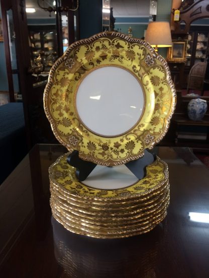 Antique English Cauldon Dinner Plates, Yellow and Gold Dinner Plates, Set of Ten - Image 2