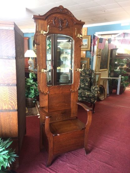 Antique Hall Tree, Oak Hall Tree with Mirror - Image 2