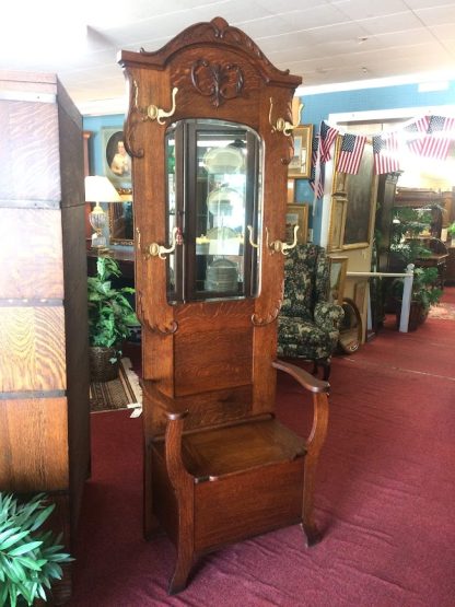 Antique Hall Tree, Oak Hall Tree with Mirror - Image 3