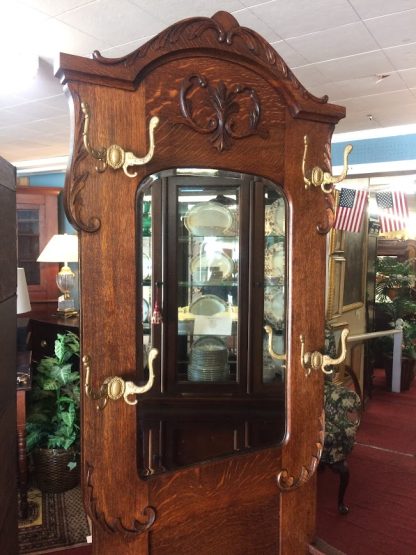 Antique Hall Tree, Oak Hall Tree with Mirror - Image 4