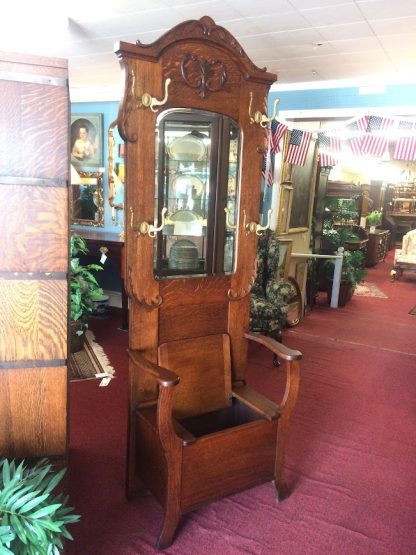 Antique Hall Tree, Oak Hall Tree with Mirror - Image 5
