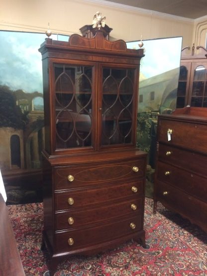 Antique Federal Secretary Desk, Federal Inlaid Desk with Bookcase Top - Image 2