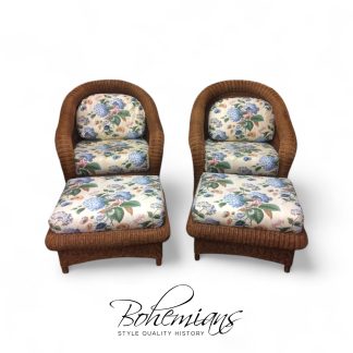 Vintage Wicker Chairs and Ottoman Set, Wicker Chair Set