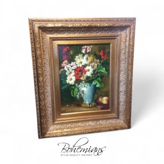 Vintage Oil on Canvas, Signed and Framed, Still Life with Fruit and Flowers