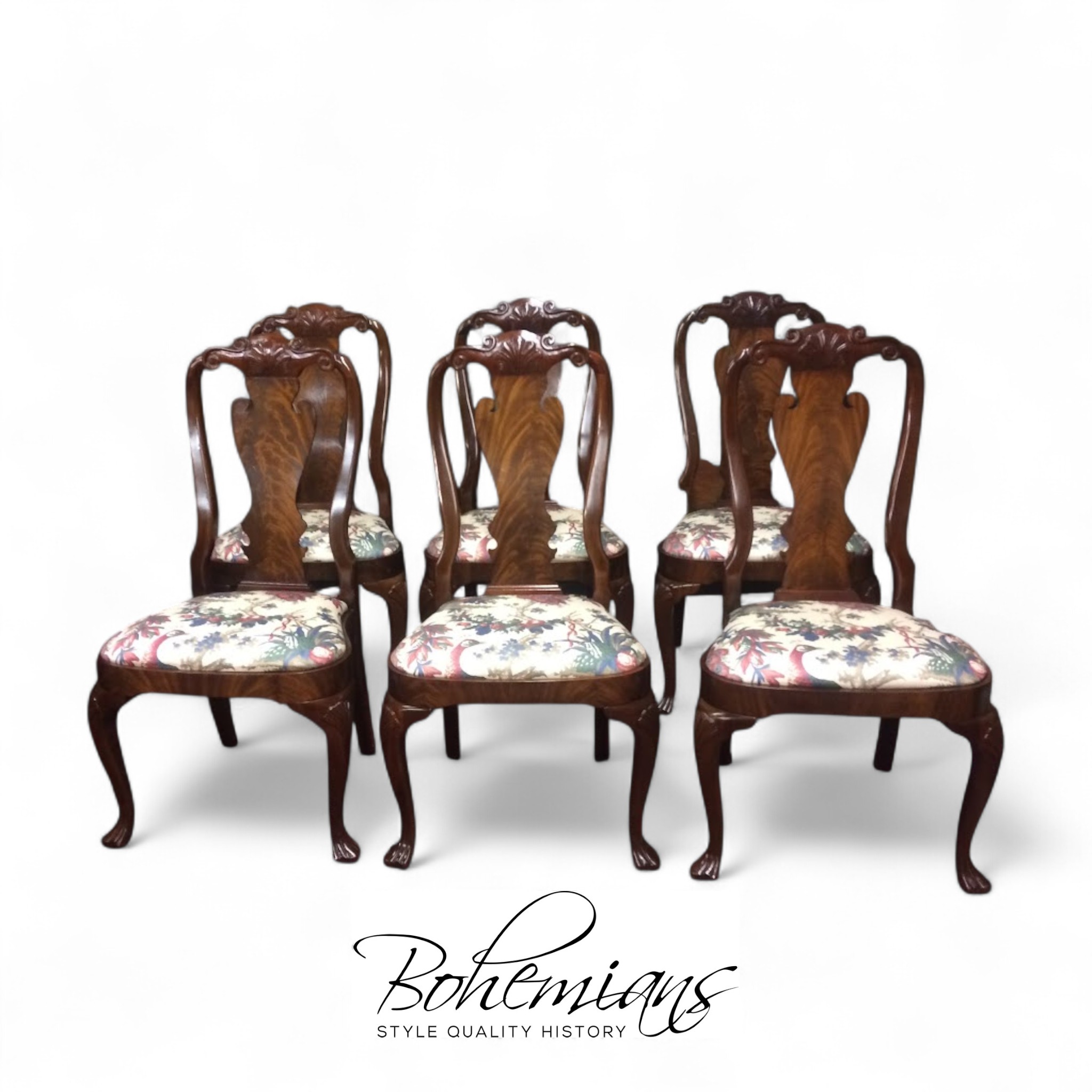 Vintage Dining Chairs, Queen Anne Dining Chairs, Set of Six