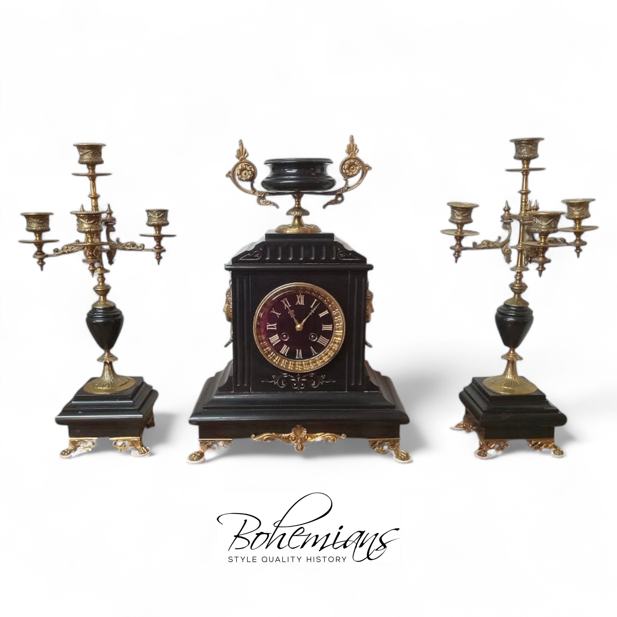 Antique Marble Clock with Garniture Set, French Clock Set