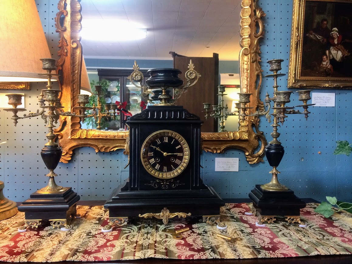 Antique Marble Clock with Garniture Set, French Clock Set