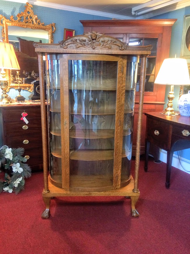 Antique Oak Bowed Glass Cabinet, Northwind Carved Cabinet