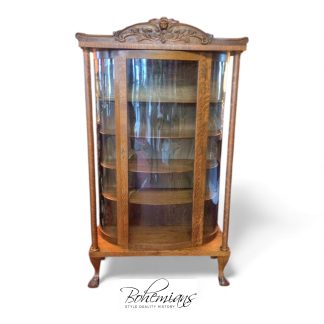 Antique Oak Bowed Glass Cabinet, Northwind Carved Cabinet