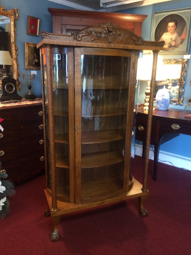 Antique Oak Bowed Glass Cabinet, Northwind Carved Cabinet