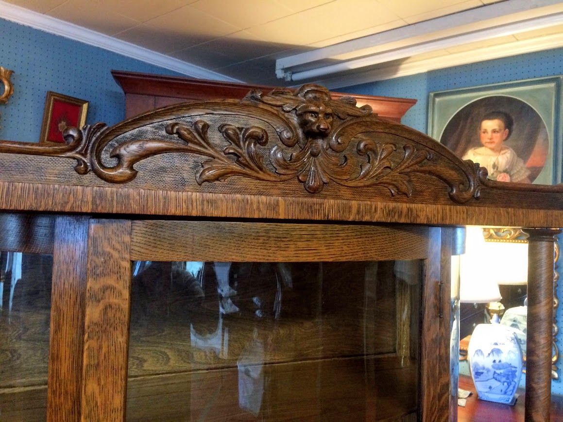 Antique Oak Bowed Glass Cabinet, Northwind Carved Cabinet