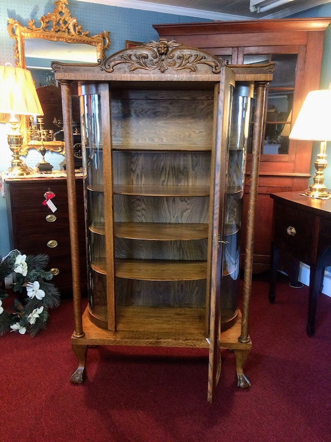 Antique Oak Bowed Glass Cabinet, Northwind Carved Cabinet