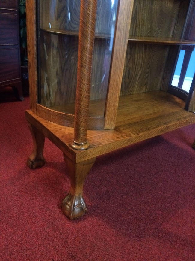 Antique Oak Bowed Glass Cabinet, Northwind Carved Cabinet - Image 7