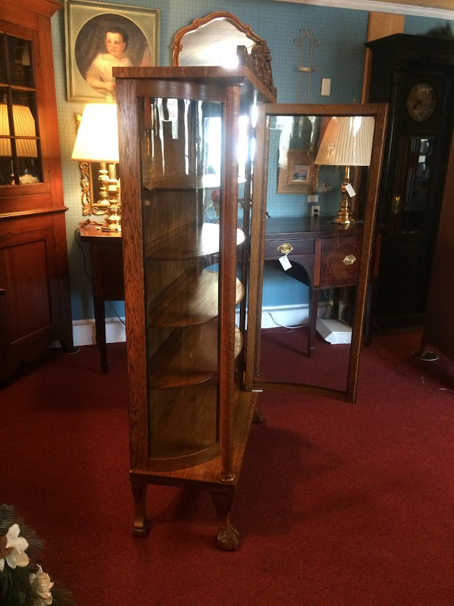 Antique Oak Bowed Glass Cabinet, Northwind Carved Cabinet - Image 8