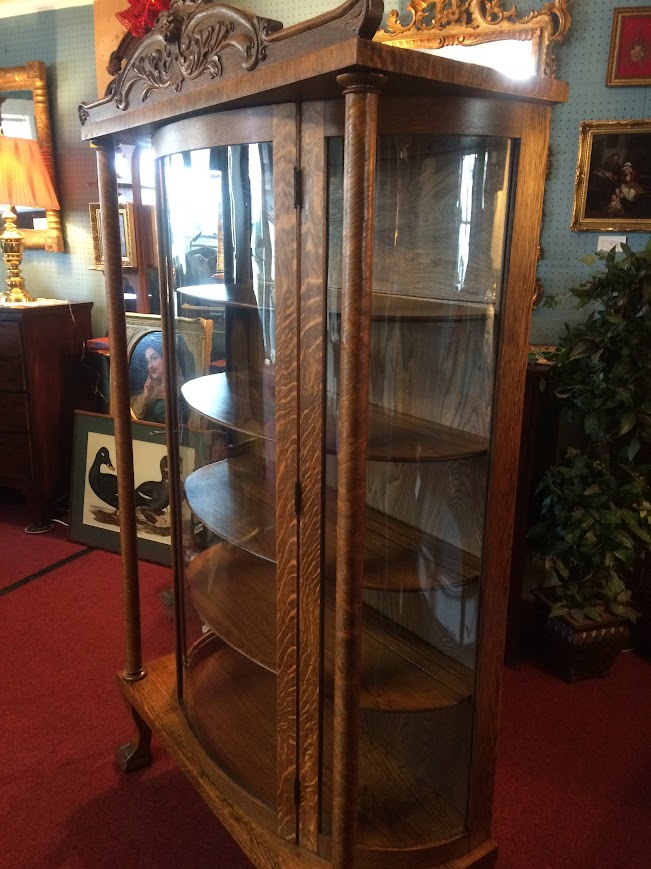 Antique Oak Bowed Glass Cabinet, Northwind Carved Cabinet - Image 9