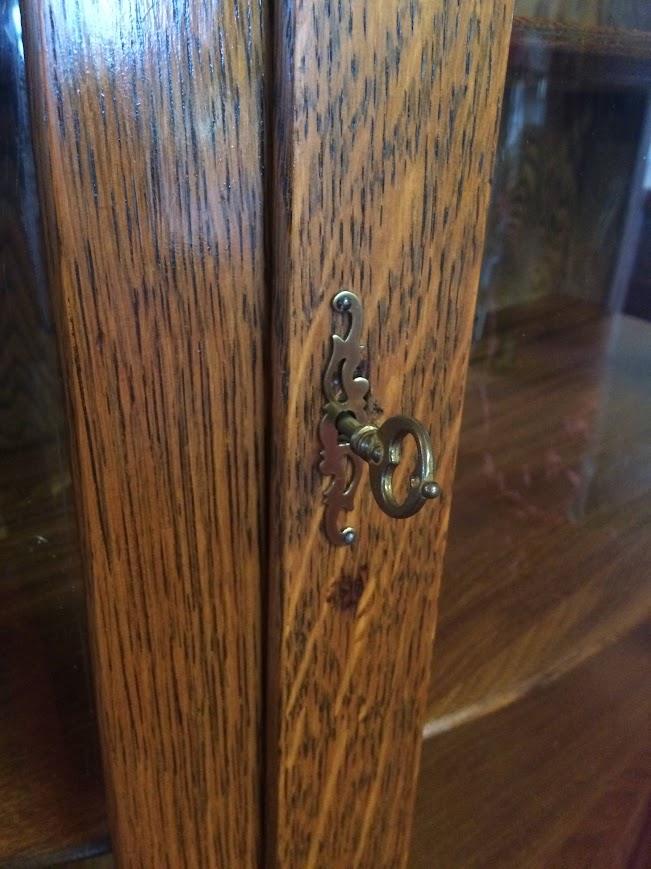 Antique Oak Bowed Glass Cabinet, Northwind Carved Cabinet - Image 10