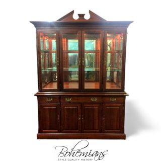 Vintage China Cabinet, Cherry Wood Breakfront Cabinet