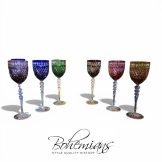 Vintage Cut-to-Clear Wine Goblets, Multi-Colored Crystal Glasses, Set of Six