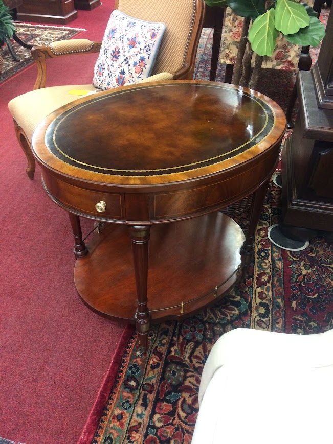 Vintage Leather Top Accent Table, Oval Drum Table, Weiman Furniture - Image 2