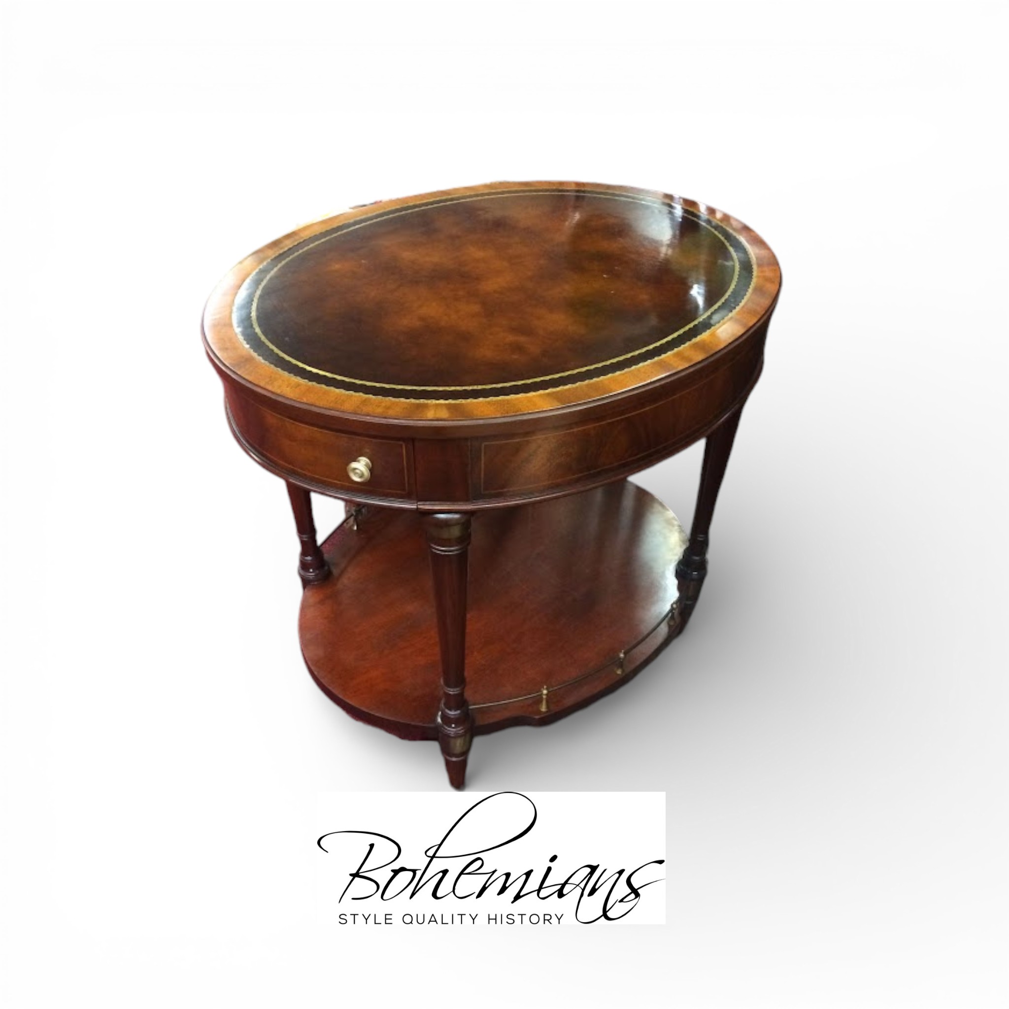 Vintage Leather Top Accent Table, Oval Drum Table, Weiman Furniture