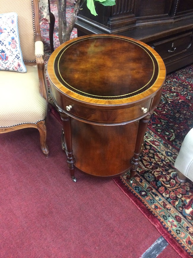 Vintage Leather Top Accent Table, Oval Drum Table, Weiman Furniture - Image 11